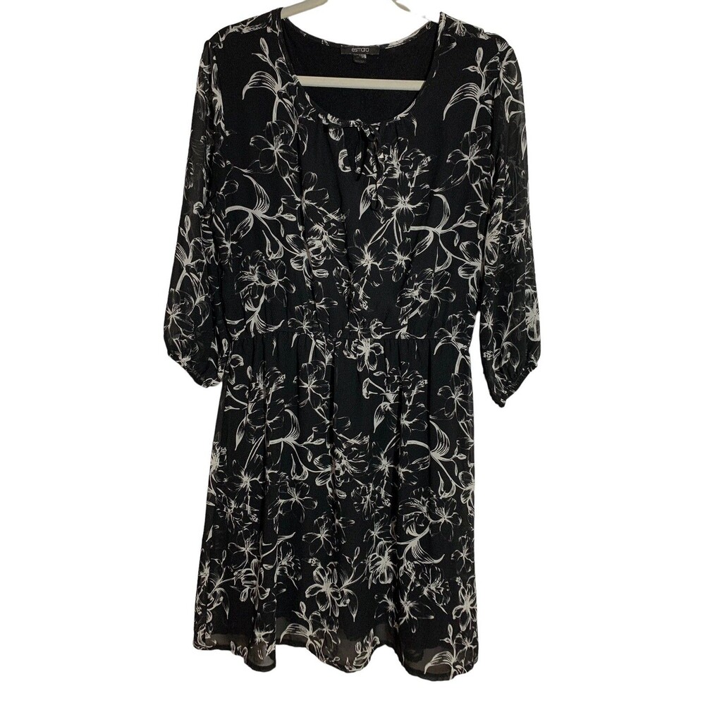 Esmara Women's Size 10 Black & White Floral Keyhole Neck Cinch Waist Boho Dress